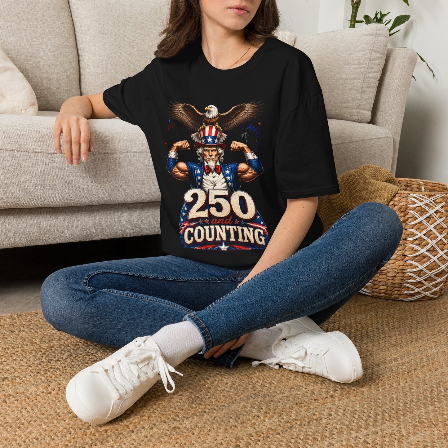 Patriotic "250 and Counting" T-Shirt — Uncle Sam with Eagle